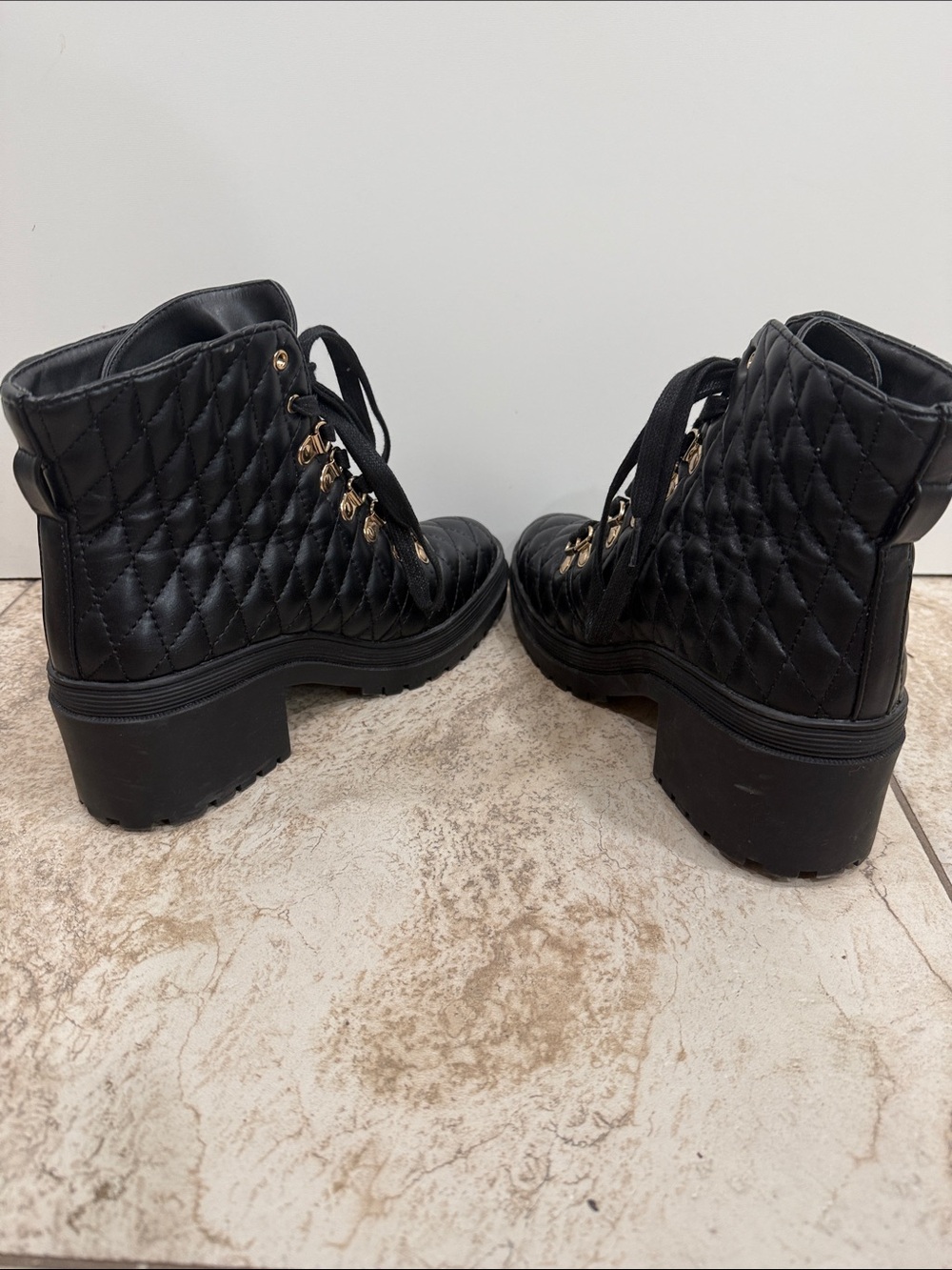 Forever 21 Black Quilted Lace-Up Ankle Boots with Gold Hardware - Picture 5 of 6